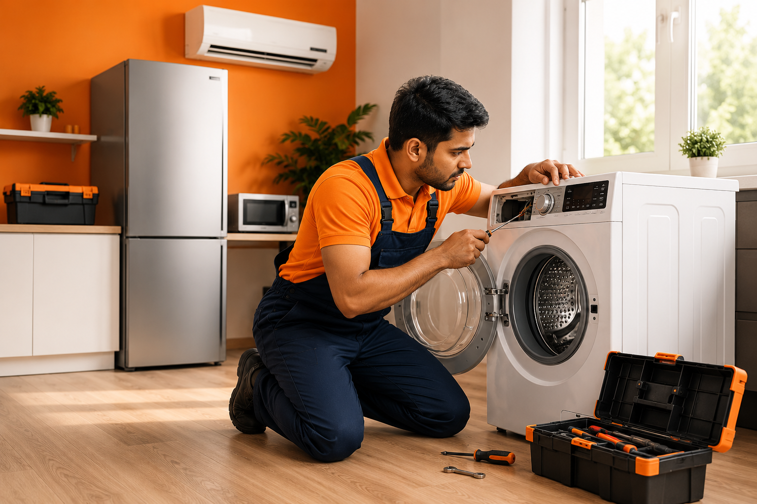 Professional appliance repair technician at work